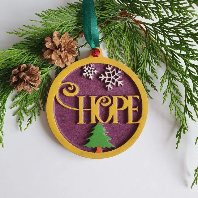 Hanging Christmas Tree Decoration, Wood Christmas Ornaments, Hope - Violet