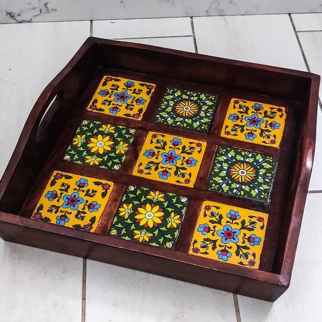 Mangowood Tray with Handpainted ceramic tiles - Large Coloured