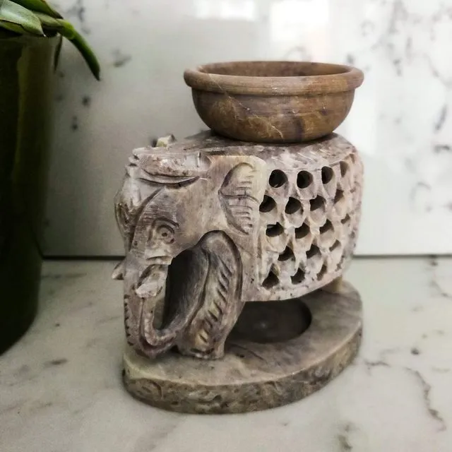 Hand carved Standing Elephant Oil Burner Natural