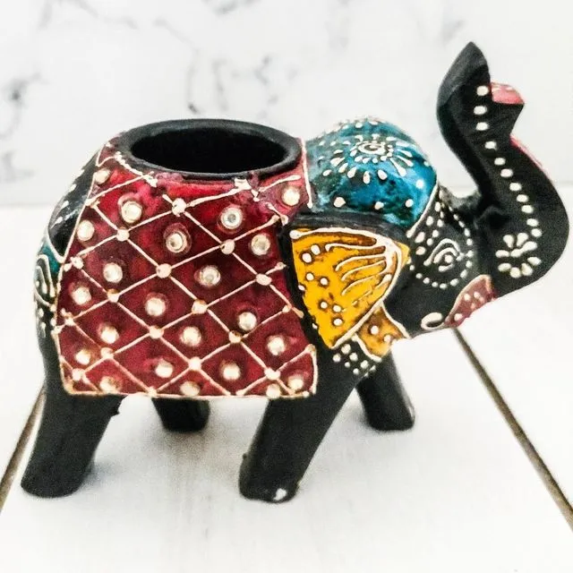 Hand Painted Indian Elephant Tealight Holder - Crystals Black