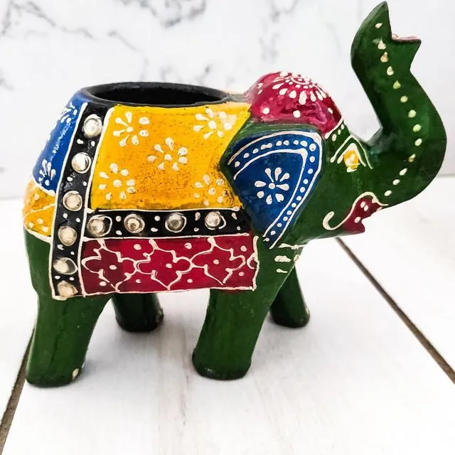 Hand Painted Indian Elephant Tealight Holder - Crystals Green