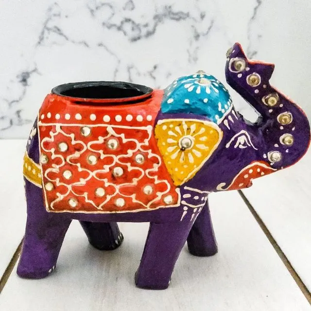 Hand Painted Indian Elephant Tealight Holder - Crystals Purple