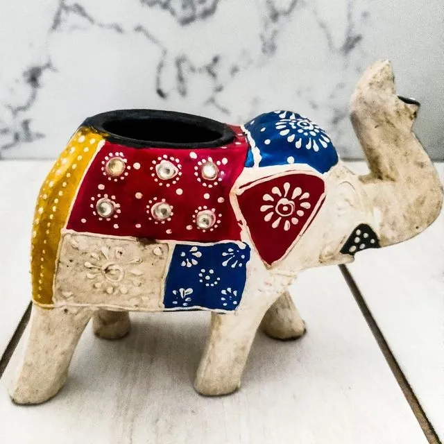 Hand Painted Indian Elephant Tealight Holder - Crystals White