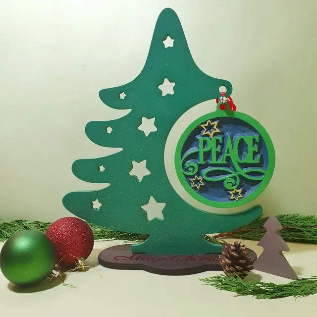 Wood Christmas Tree, Christmas Ornament Display Stand, Wooden Peace Christmas Tree, Peace - Blue