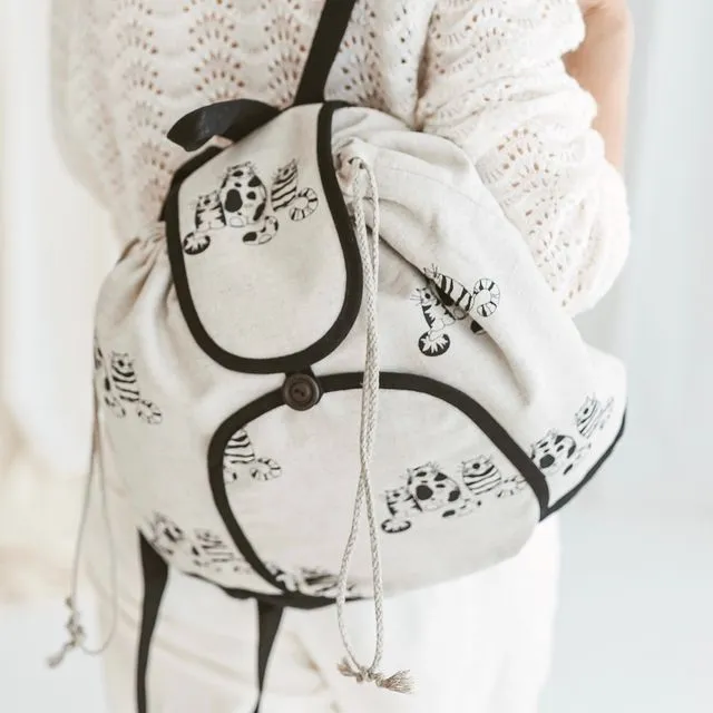 Linen Backpack with Cats • Women’s Boho Rucksack