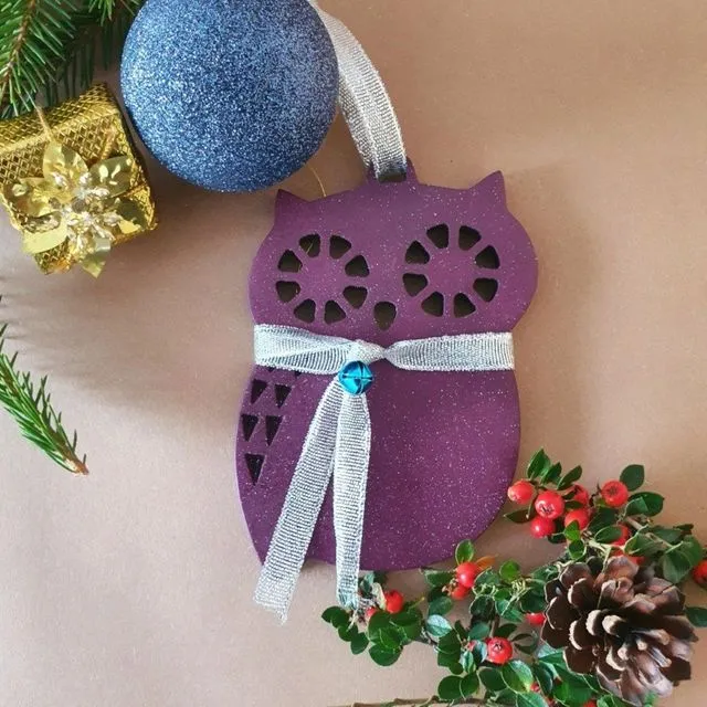 Wooden Christmas Decorations, Wooden Keepsake Decoration, Christmas Owl Decoration - Violet