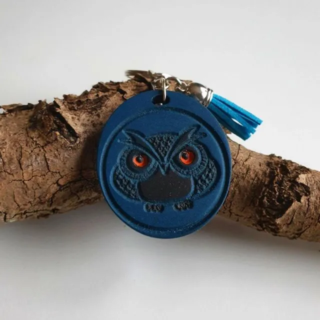 Keyring Owl, Owl Charm, Wood Keychain Owl, Tassel Keyring - The Guardian Owl blue