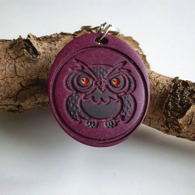 Keyring Owl, Owl Charm, Wood Keychain Owl, Tassel Keyring - Comfy Owl violet