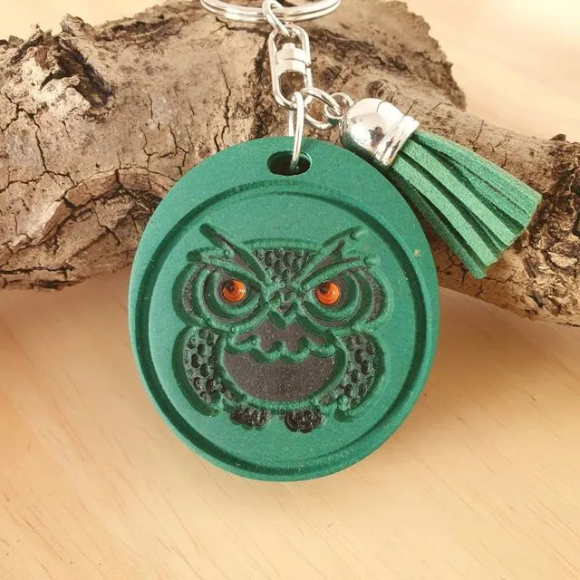 Keyring Owl, Owl Charm, Wood Keychain Owl, Tassel Keyring - Comfy Owl green