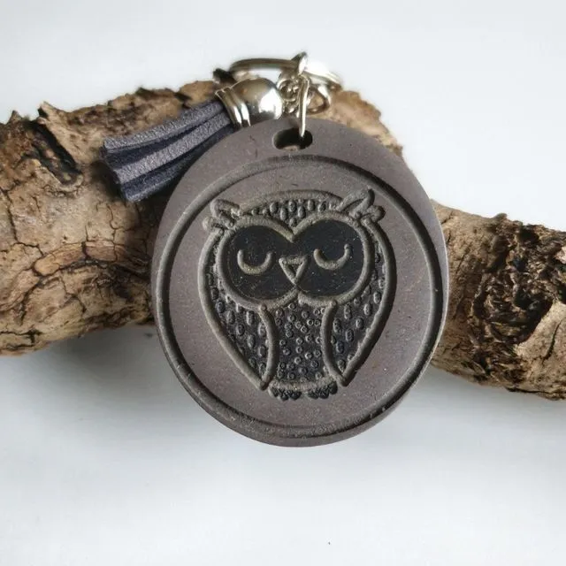 Wood Keyring Owl, Wise Owl Keyring, Owl Charm, Tassel Keyring - Lady Style light grey