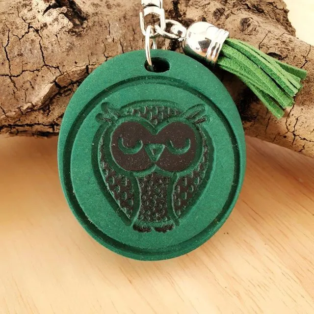 Wood Keyring Owl, Wise Owl Keyring, Owl Charm, Tassel Keyring - Lady Style Green