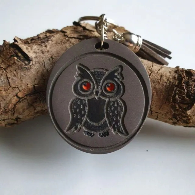 Keyring Owl, Owl Charm, Wood Keychain Owl, Tassel Keyring - The Visionary Owl light grey