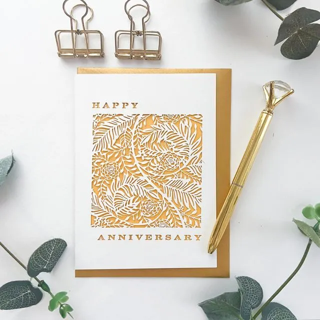 William Morris anniversary card, Gold anniversary card, Rose bouquet anniversary card