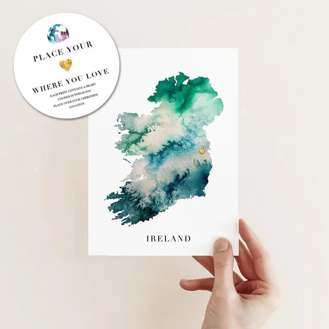 Ireland Watercolour Map With Gold Heart Giclee Print