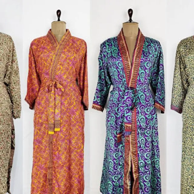 Assorted Bulk Set of 5 Pcs Vintage Recycled Silk Bohemian Kimono House Robe, Dressing gown.