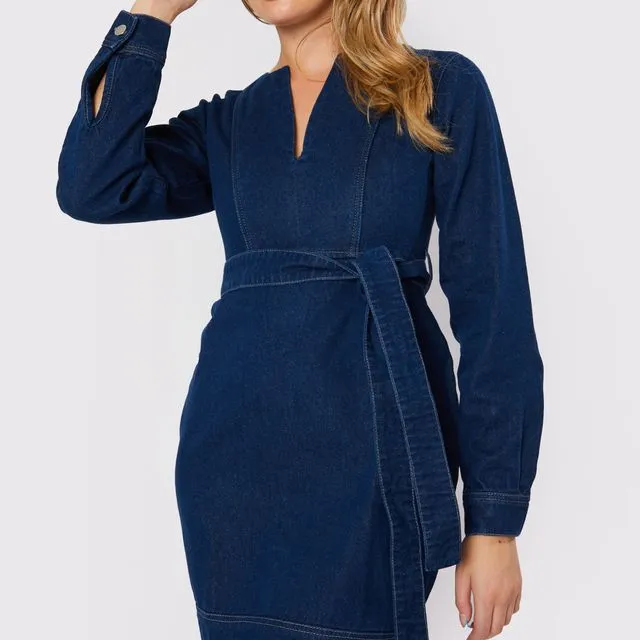 Long Sleeve V-Neck Wrap Denim Dress - Dark Blue Wash