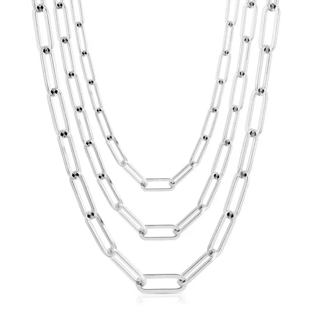 Triple Large Elongated Link Chain Necklace SILVER