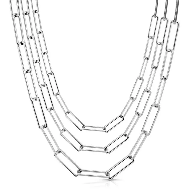 Triple Large Rectangle Link Chain Necklace SILVER
