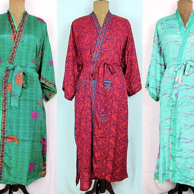 Assorted Bulk Set of 10 Pcs Vintage Recycled Silk Bohemian Kimono House Robe, Dressing gown.