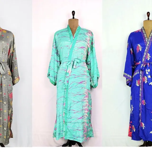 Assorted Bulk Set of 20 Pcs Vintage Recycled Silk Bohemian Kimono House Robe, Dressing gown.