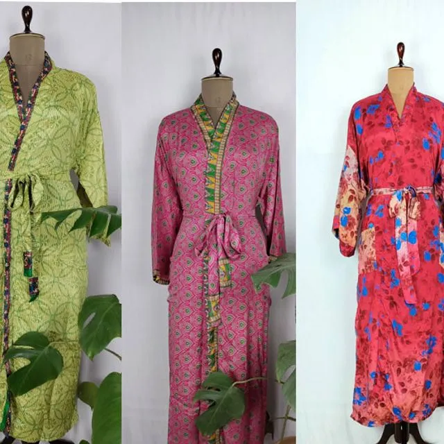 Assorted Bulk Set of 30 Pcs Vintage Recycled Silk Bohemian Kimono House Robe, Dressing gown.