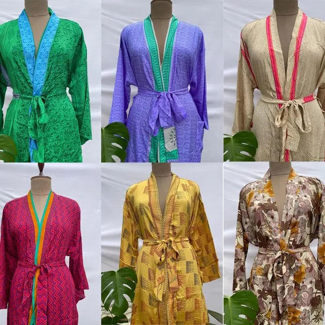 Assorted Bulk Set of 50 Pcs Vintage Recycled Silk Bohemian Kimono House Robe, Dressing gown.