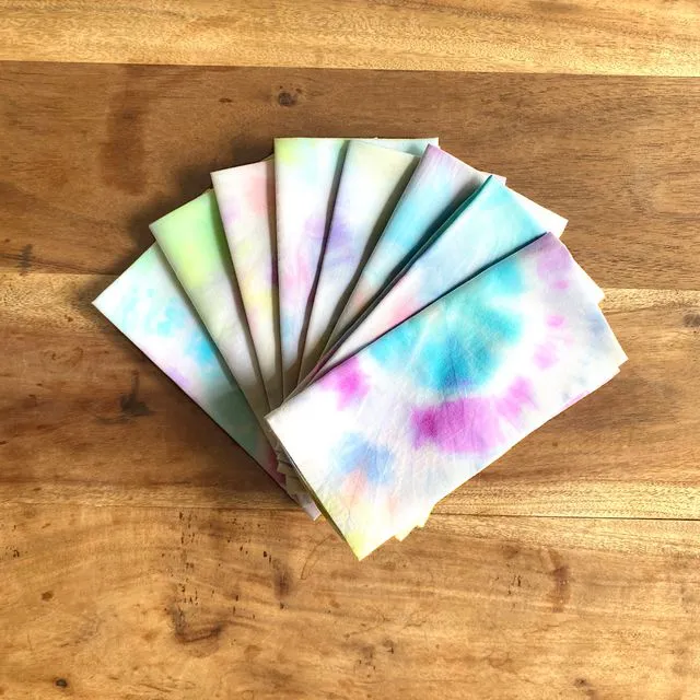 Eight Rainbow Tie Dye Napkins. 100% cotton multi colour set