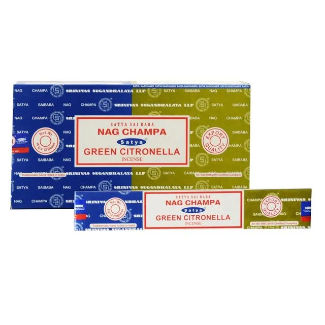 Satya Nag Champa & Green Citronella Combo Incense Sticks 12 pack(192 gram) - Case of  12