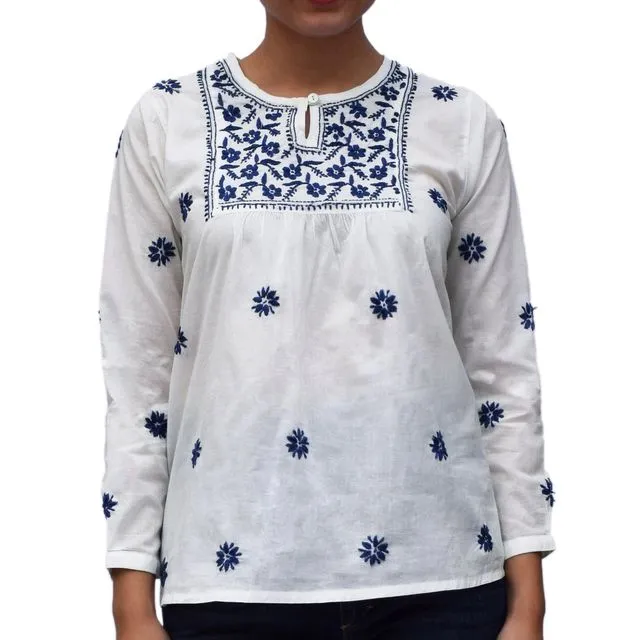 LISA Pure Cotton Hand Embroidered Boho Top, Blouse Off White with Navy Emb