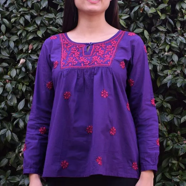 LISA Pure Cotton Hand Embroidered Boho Top, Blouse Purple with Red Emb