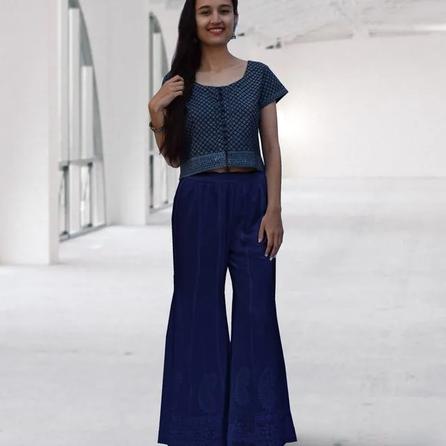 LUNA Pure Cotton Hand Embroidered Flared Bottom Pants Navy