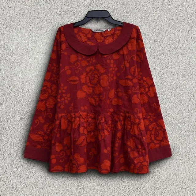 AVNI Printed Soft Cotton Hand Embroidered Peplum Top Burgundy Red