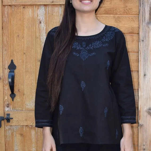 Eri Hand Embroidered Pure Cotton Short Tunic Top Navy on Black
