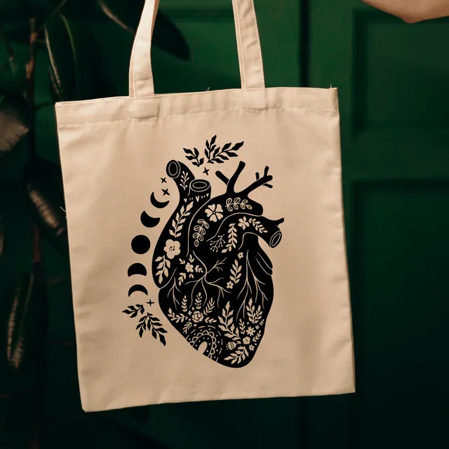 Floral Boho Witch Heart Cotton Tote Bag