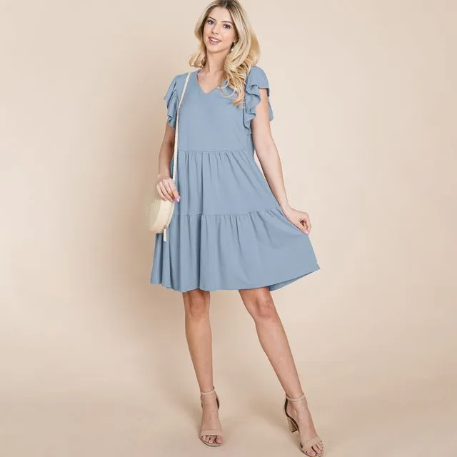 Tiered Ruffle Hem and Sleeve Cotton Dress, SML(2-2-2)/1Pack