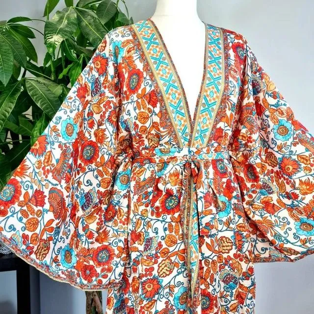 New Silk Sari Boho Kimono Regal House Robe - Luxury Lounge Digital Print Flowy Gown | Royal Spring Bloom White Orange Aqua Floral Duster