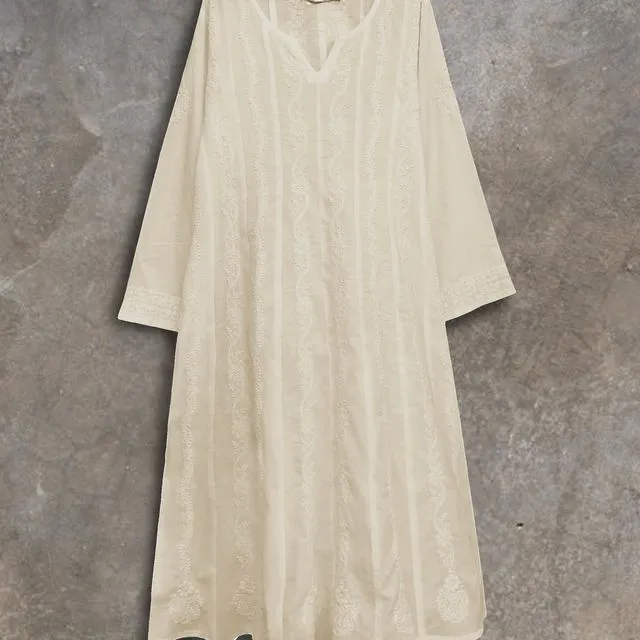 EMMA Pure Cotton Hand Embroidered Flared Tunic Dress Kurta Cream