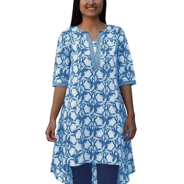 Ara Pure Cotton Embroidered Block Print Style Tunic with High Low Hem Blue