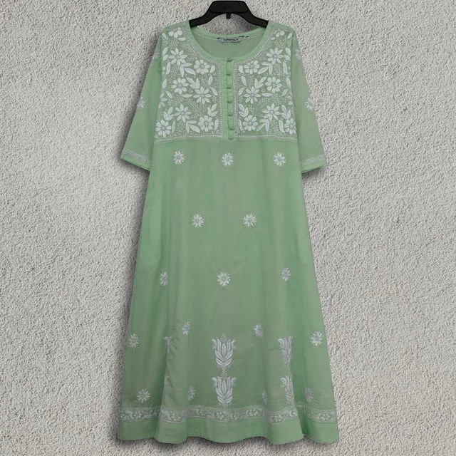 CHANDANI Pure Cotton Hand Embroidered A Line Tunic Dress Pistachio Green