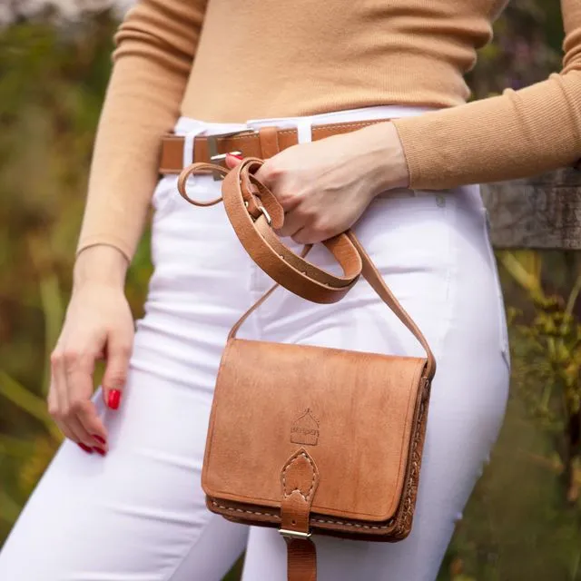 Handmade Moroccan Leather Small Square Saddle Bag in Tan