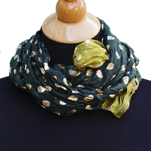 Crinkled Pure Silk Tie Dye Scarf Green Gold