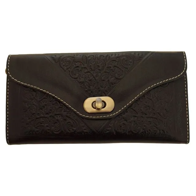 Handmade Embossed Moroccan Leather Tri-Fold Purse in Black