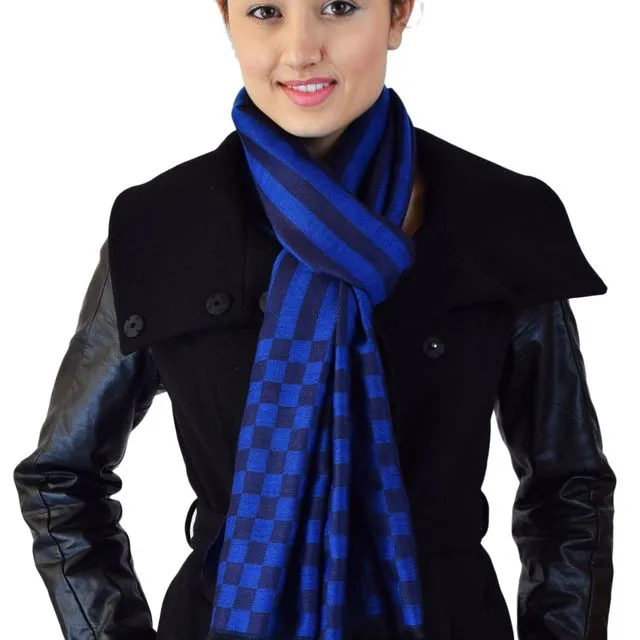 Pure Cashmere Scarf/Wrap in Checks Pattern Blue Navy