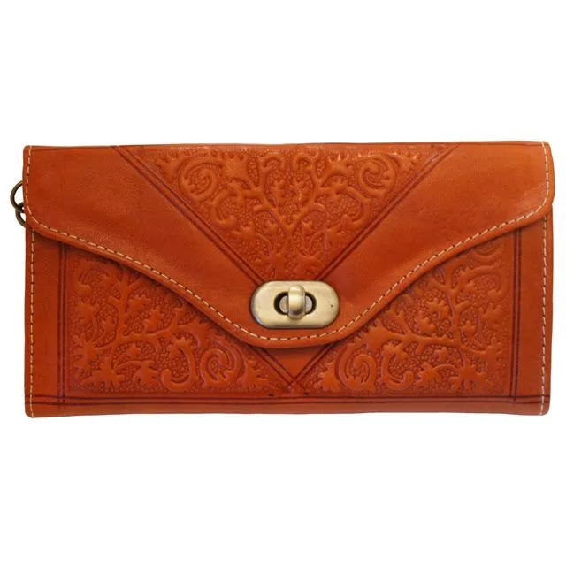 Handmade Embossed Moroccan Leather Tri-Fold Purse in Light Brown