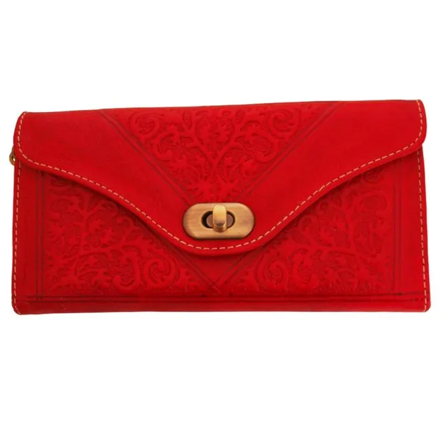 Handmade Embossed Moroccan Leather Tri-Fold Purse in Red