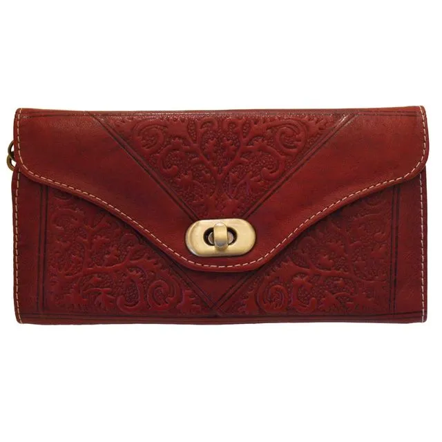 Handmade Embossed Moroccan Leather Tri-Fold Purse in Dark Red