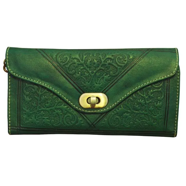 Handmade Embossed Moroccan Leather Tri-Fold Purse in Green