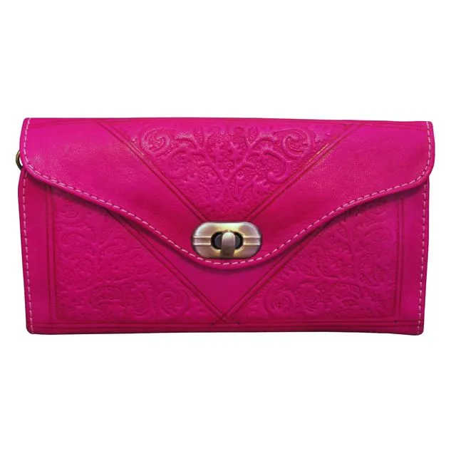 Handmade Embossed Moroccan Leather Tri-Fold Purse in Pink