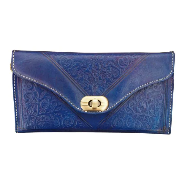 Handmade Embossed Moroccan Leather Tri-Fold Purse in Blue