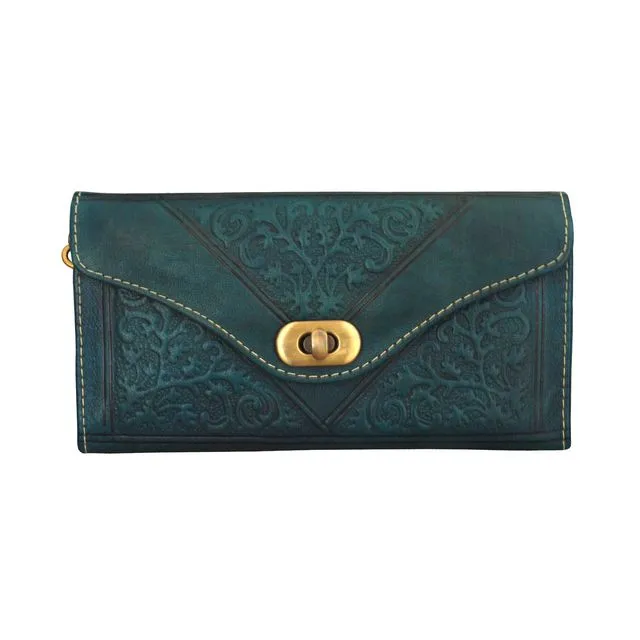 Handmade Embossed Moroccan Leather Tri-Fold Purse in Teal